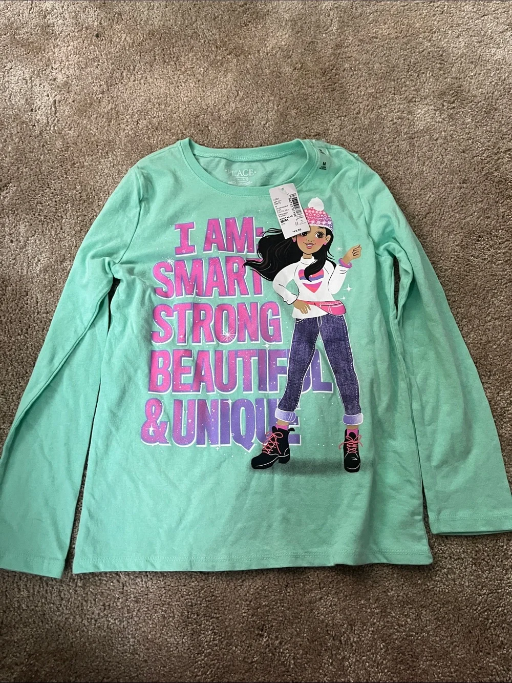 The Children's Place Mint Green Long Sleeve Tee with Pink & Purple Graphic Girl